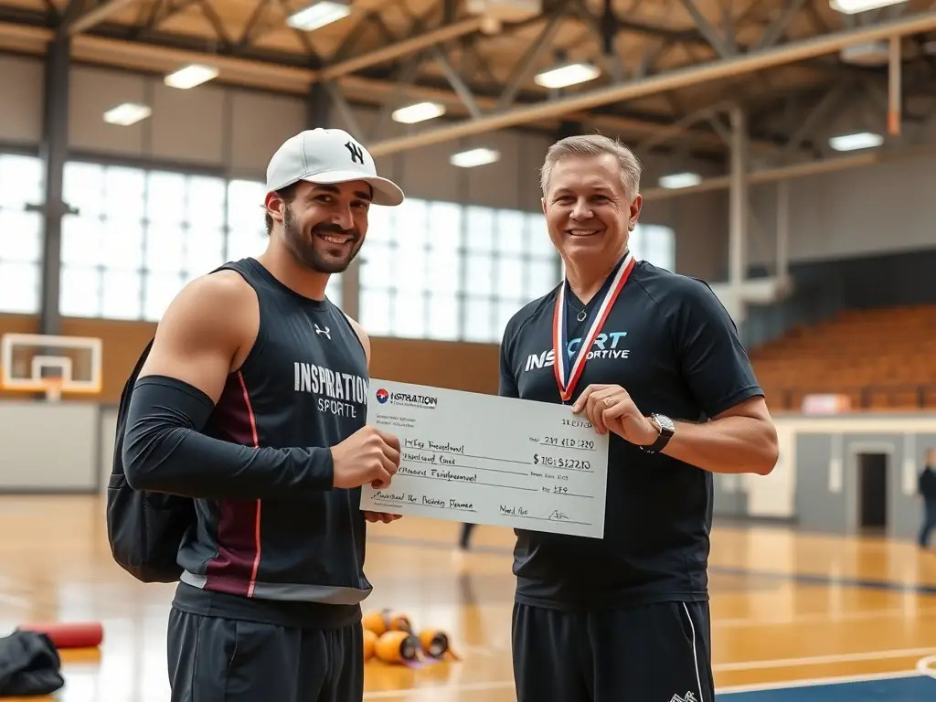A photograph of athletes receiving financial support from INSPIRATION SPORTIVE, highlighting the organization's commitment to helping aspiring sportspeople.