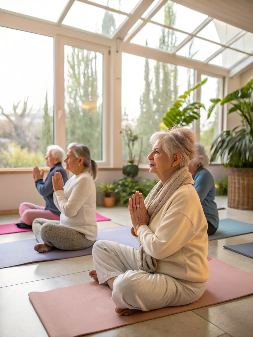A photo of a group of senior citizens engaged in a gentle yoga session in a park, emphasizing the accessibility and benefits of the program for older adults, for INSPIRATION SPORTIVE's website.