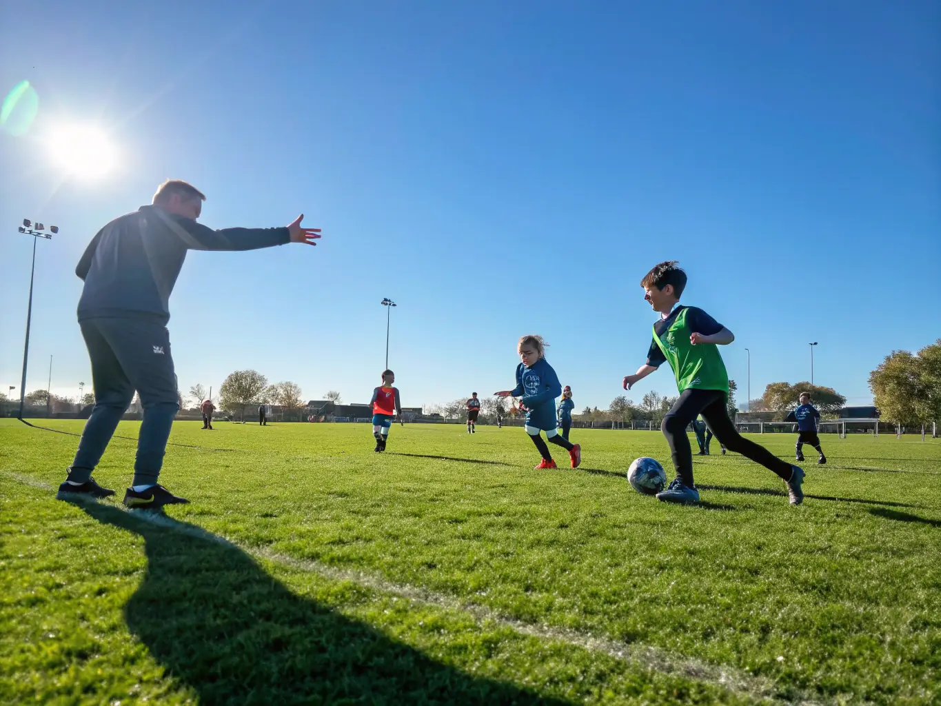 A vibrant image depicting children participating in a soccer clinic organized by INSPIRATION SPORTIVE, showcasing teamwork and physical activity.